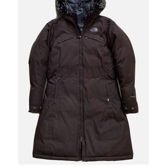 The North Face Brown Hyvent Goose Down Parka LONG JACKET COAT hooded sz small - Picture 2 of 10